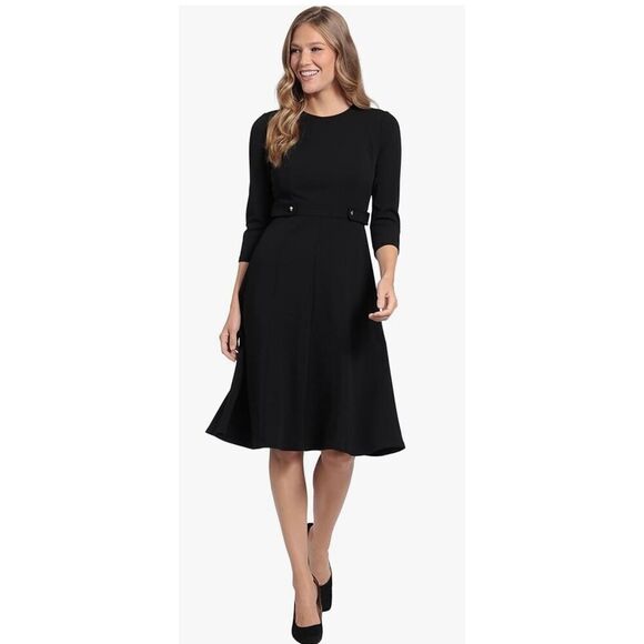 London Times Women's Crepe Fit and Flare Midi with Waist Button Detail - Picture 1 of 6